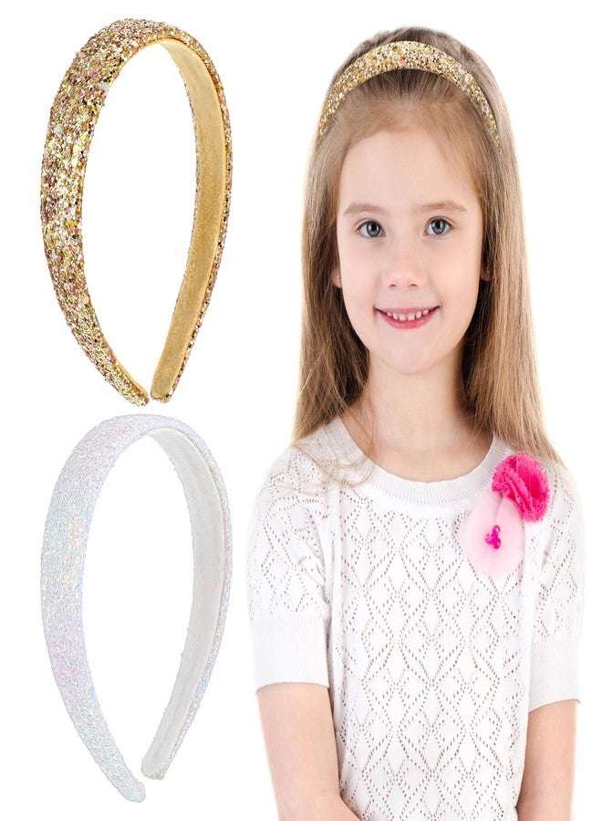 COMNICO 2 PCS Glitter Headbands for Girls, Cute Sparkly Wide Thick Head Bands Bling Non Slip Hairband Rainbow Sequin Little Girl Hair Accessories for Children Kids Women(White+Gold) - Image 1